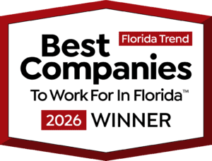 Best Companies to Work For In Florida 2026 WINNER badge with red and black text on a white background.